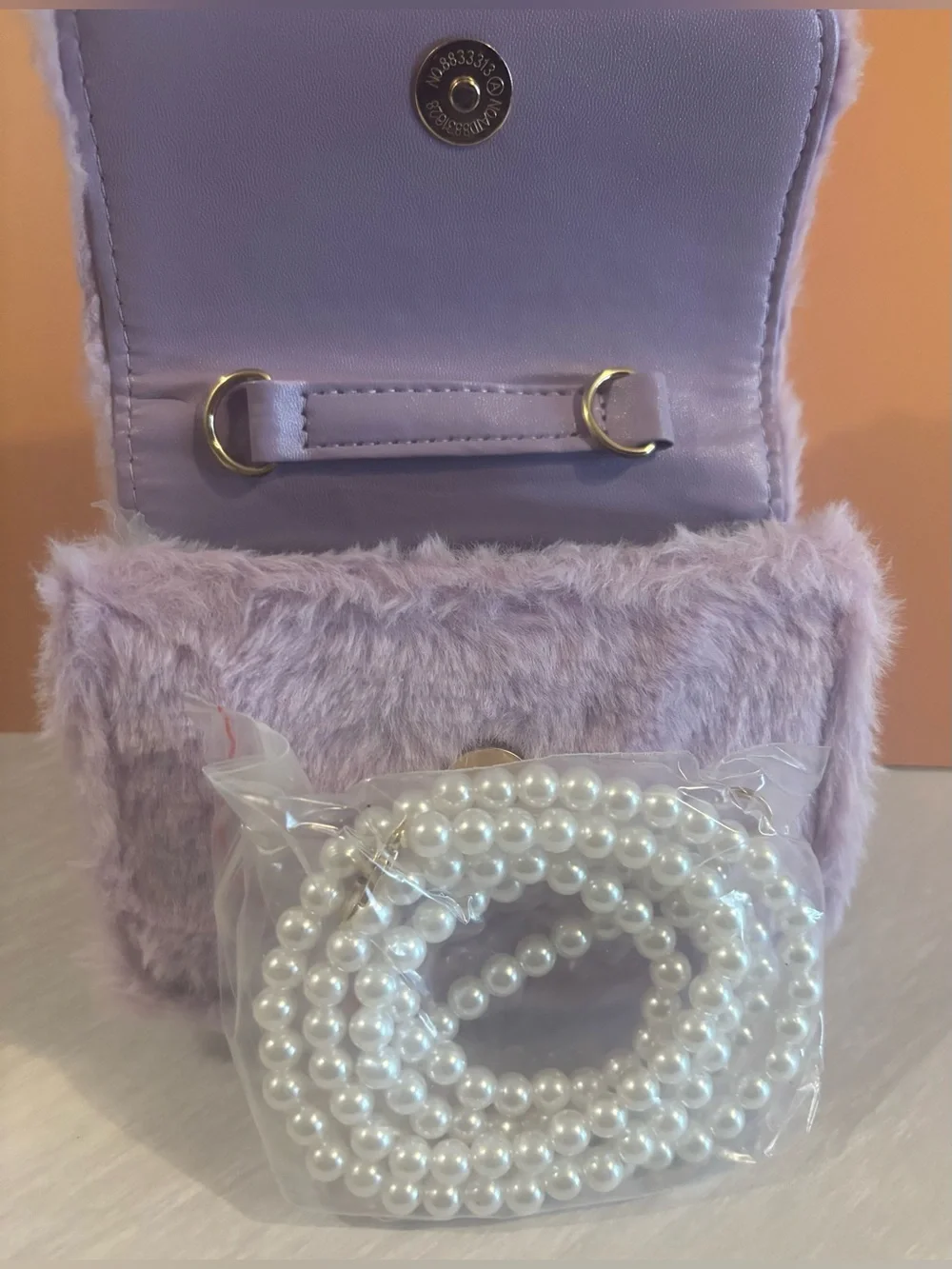 Kuromi Purple Fuzzy Pearl-Handle Purse with Character Accents